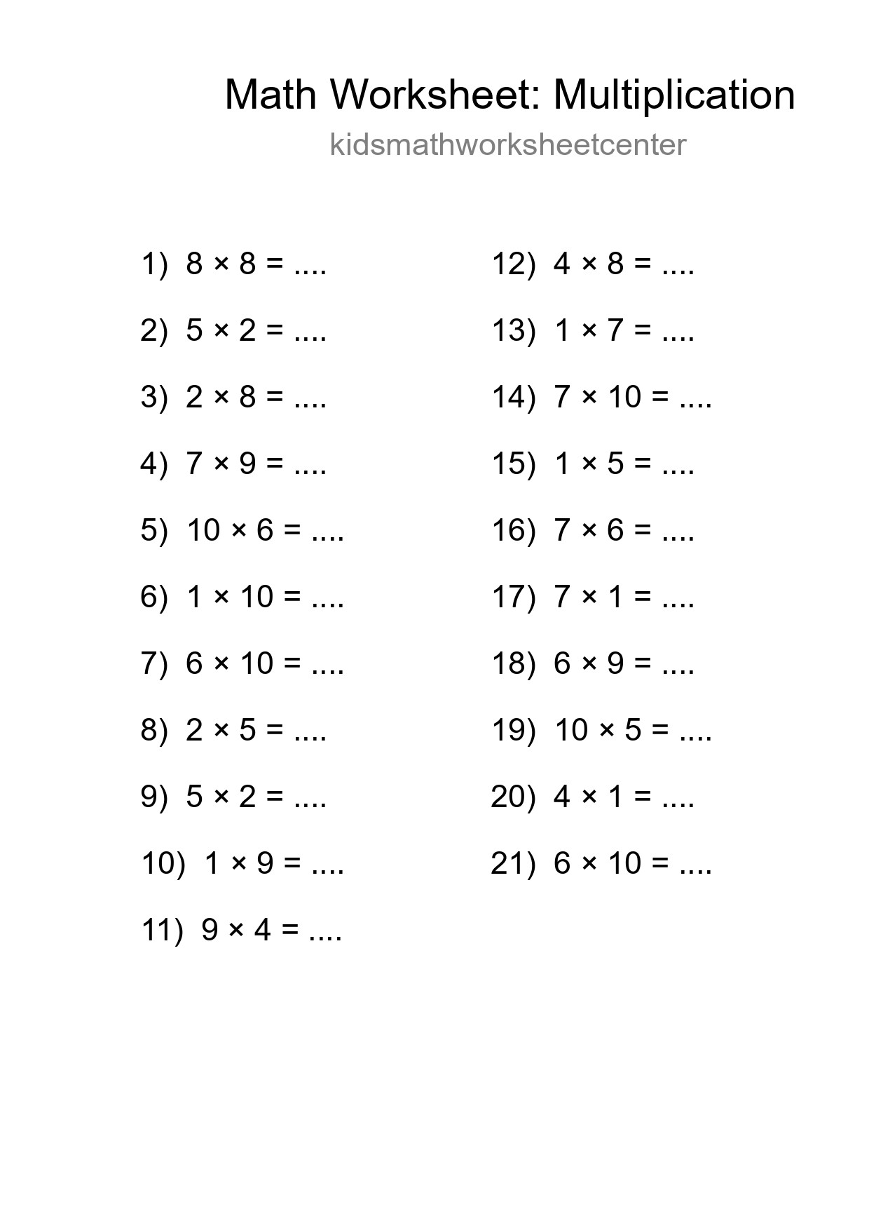 Printable Free 21 Multiplication Math Worksheet For Grade 1 - Part 282