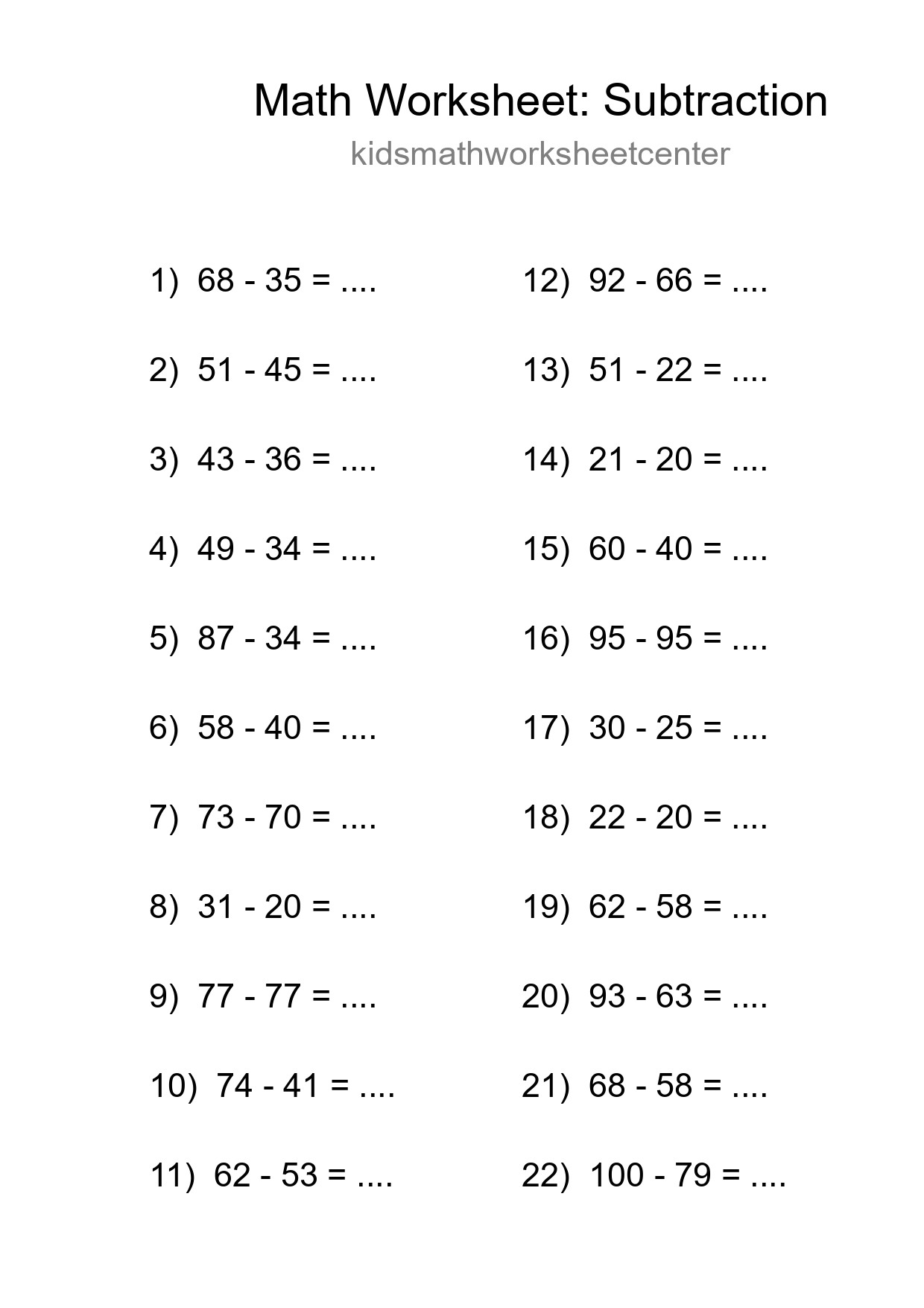 Printable Free 22 Subtraction Math Worksheet For Grade 3 - Part 63