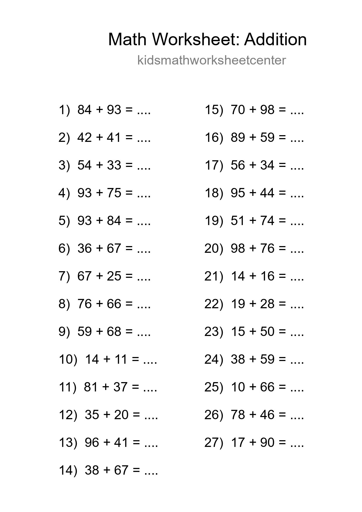 Printable Free 27 Addition Math Worksheet For Grade 3 - Part 166