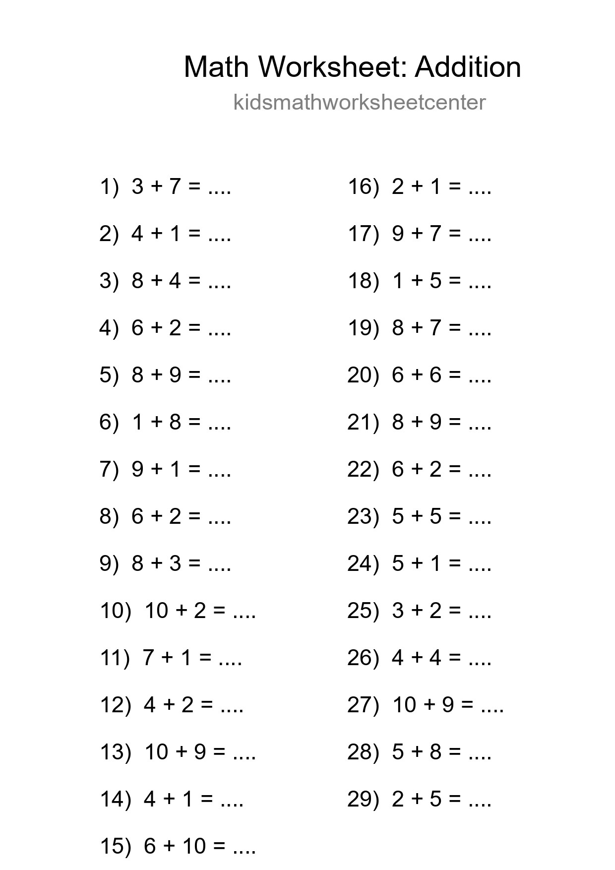 Printable Free 29 Addition Math Worksheet For Grade 1 - Part 298